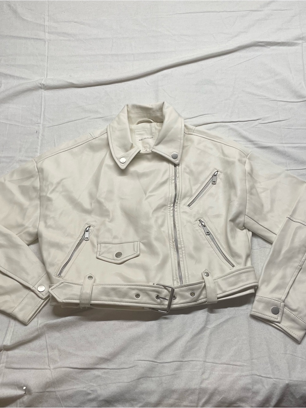 Avec Les Filles White Cropped Moto Leather Jacket
